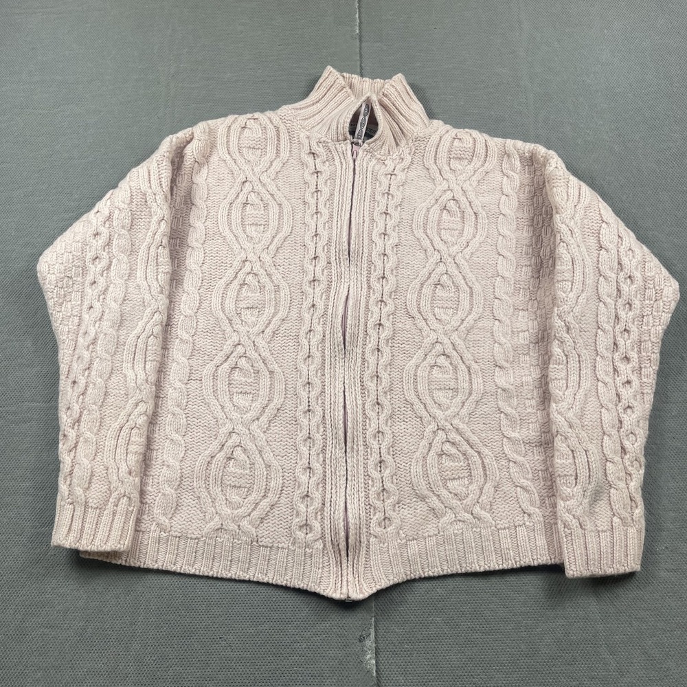 Aran Crafts Sweater Womens Medium Full Zip Cable Knit‎ Ireland Merino Wool Pink